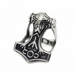 Thorhammer Ring with Viking Head (Silver)